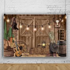 Imagem de Pnylzzyxh Pano de fundo de caubói ocidental rústico para porta de celeiro, cacto, violão, rodas de madeira, palheiro, pano de fundo para decoração de festa de aniversário, faixa de fundo de