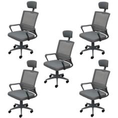 Imagem de Kit 5 Cadeiras para Escritório Presidente Lyon Alta em Tela Mesh Cinza