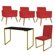 Imagem de Kit Escritório Stan 3 Poltronas Capitonê com Cadeira e Mesa Industrial Preto Dourado Suede Vermelho - Ahz Móveis