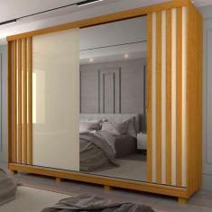 Imagem de Guarda Roupas Casal Ripado 2 Portas De Correr 1 Porta Com Espellho Ares Com Pés Naturale Off White - Gelius