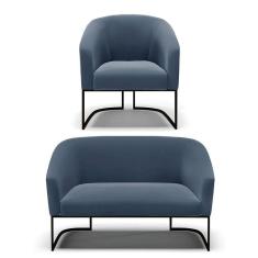 Imagem de Sofá Namoradeira E Poltrona Base Industrial Preto Stella Suede D03 - D`rossi Cor Azul Marinho