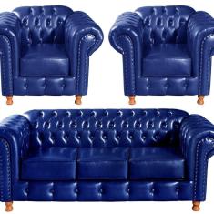 Imagem de Conjunto De Sofá 3 Lugares E 2 Poltronas Chesterfield Luís Xv Azul