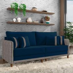 Imagem de Sofá Living Montecarlo 3 Lugares Bipartido 232cm Pés em Madeira Veludo/PU Azul/Cinza G33 - Gran Belo