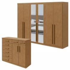 Imagem de Conjunto de Guarda-roupa 6 Portas com Espelho Bertha com Cômoda Toronto Amêndoa Clean