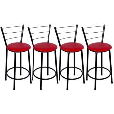 Imagem de Kit 4 Banquetas Médias Preta com Encosto Assento Vermelho