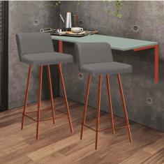 Imagem de Kit Mesa Suspensa de Parede Fixa MDF Verde Oliva + 2 Banquetas Lexi Ferro Bronze Sintético Cinza - Ahazzo Móveis