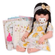 Imagem de Boneca Reborn Morena Com Lindo Vestido Kit 13 Acessórios - Cegonha Reb
