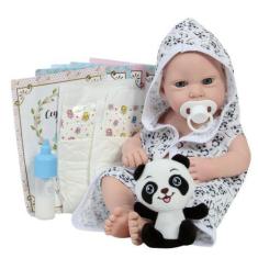 Imagem de Boneco Bebê Reborn Realista Careca 43cm Roupão Pandinha - Cegonha Rebo