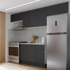 Imagem de Cozinha Modulada 4 Peças com Tampo e Rodapé 3 Aéreos e 1 Balcão Ipanema Cabecasa Madeiramadeira Grafite Trama