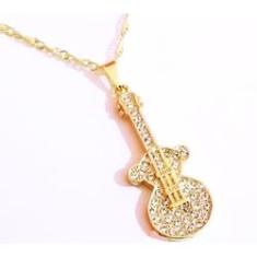 Imagem de Colar Gargantilha Guitarra Strass Música Folheado