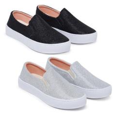 Imagem de Kit 2 Pares Tênis Casual Slip On Iate Com Glitter Macio E Confortável