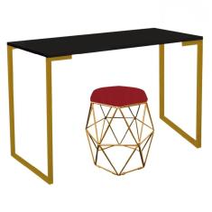 Imagem de Mesa Ley Industrial Escritório e Home Office com Puff Luna Corino Vermelho Dourado Tampo Preto - Ahz Móveis