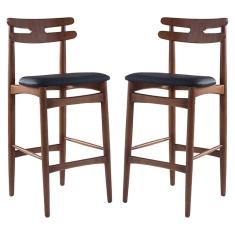 Imagem de Kit 2 Banquetas Alta Estofada França 46 x 106 Cm Madeira Maciça Imbuia Facto Impermeável Preto - RMI