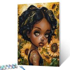 Imagem de Boneca como menina pintura por número, lindo retrato de menina negra glamoroso com girassóis, pintura faça você mesmo em tela com pincéis, tintas acrílicas por números para adultos e iniciantes 40 x