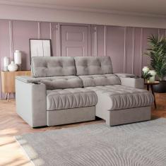 Imagem de Sofá 230 cm com Porta Copos Retrátil e Reclinável Premier Cinza Claro