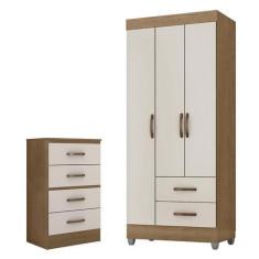 Imagem de Guarda Roupa Solteiro 3 Portas E Cômoda 4 Gavetas Lite Nature Off Whit