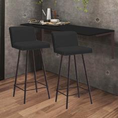 Imagem de Kit Mesa Suspensa de Parede Fixa MDF Preto + 2 Banquetas Lexi Ferro Marrom Sintético Preto - Ahazzo Móveis