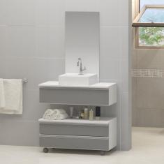 Imagem de Gabinete Banheiro Creta 60Cm (Kit) Branco/Cinza + Cuba Quadrada + Puxador Aluminio