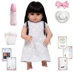 Imagem de Boneca Reborn Gatinha Morena Vestido Branco Completa + Itens - Cegonha