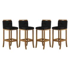 Imagem de Kit 4 Banquetas Média Encosto Estofado 38x92Cm Turim Madeira Maciça Amêndoa Suede Preto CCS
