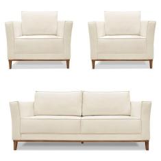 Imagem de Kit 2 Poltronas E Sofá Living 2 Lugares 1,70M Vega Linho Pés Castanho