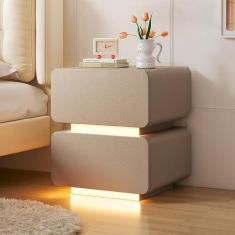 Imagem de Mesa de cabeceira moderna com luz LED pequena mesa lateral mesa lateral com 2 gavetas, mesa lateral para quarto, escritório, dormitório, mesa de canto rústica fácil de montar, sólida e estável, cáqui,