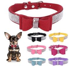Imagem de Coleira de couro com strass para cães e gatos com gravata borboleta e diamantes brilhantes de cristal para cães pequenos, médios e grandes