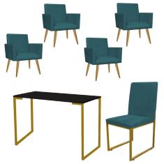 Imagem de Kit Escritório Stan 4 Poltronas com Cadeira e Mesa Industrial Tampo Preto Dourado Suede Azul Turquesa - Ahz Móveis