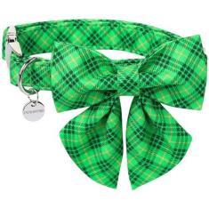 Imagem de DOGWONG Coleira de cachorro do Dia de São Patrício - coleira de cachorro verde fofa com laço, coleiras de algodão verde xadrez com fivela de metal para cães pequenos, médios e grandes