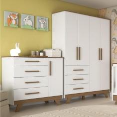 Imagem de Quarto Infantil com Guarda Roupa 4 Portas e Cômoda 1 Porta 4 Gavetas Jolie 100% MDF Espresso Móveis Branco Brilho/Carvalho