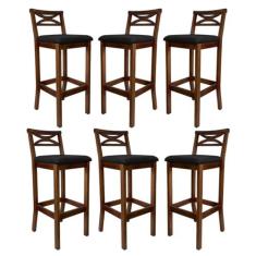 Imagem de Kit 6 Banquetas Média Estofada para Bancada Madri Madeira Castanho Suede Preto CCS