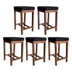 Imagem de Kit 5 Banquetas Média Estofada Bali 64 Cm Madeira Maciça Suede Preto CCS