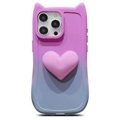 Imagem de LYQZDT Capa para iPhone 15 Pro Max de 6,7 polegadas para mulheres fofa 3D amor coração kawaii gato orelha gradiente cor silicone macio à prova de choque protetor arco borda bumper capa de telefone