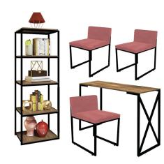 Imagem de Kit Escritório Bex 3 Cadeiras Suede Rose com 1 Mesa e 1 Livreiro Ferro Preto MDF Freijó - Ahazzo Móveis