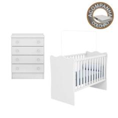 Imagem de Quarto de Bebê Berço Colchão Light e Cômoda Doce Sonho Branco Qmovi Or