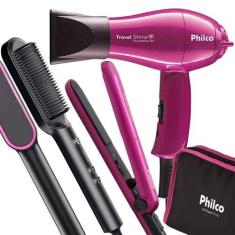 Imagem de Kit Mini Secador De Cabelo Philco E Chapinha Pequeno Bivolt Com Bolsa