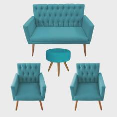 Imagem de Kit Namoradeira com 02 Poltronas Nina Capitone e Puff Redondo Turquesa - Bela Casa Shop