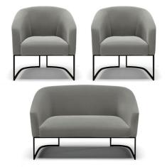 Imagem de Sofá Namoradeira e 2 Poltronas Base Industrial Preto Stella Suede Grafite D03 - D'Rossi