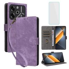 Imagem de IUQXU Capa carteira para celular Tecno Pova 6 Pro 5G com protetor de tela [bloqueio RFID] couro flip suporte para cartão de pulso feminino masculino capa para celular para Tecno Pova6 Pro LI9 Pova