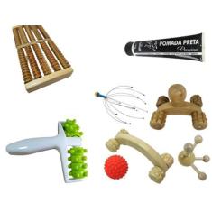 Imagem de Kit Massageadores Para Pés Pernas Corpo Pescoço Cabeça Ombro Braços Costa 7 Peças e Pomada Preta Bem Estar Presentes