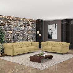 Imagem de Conjunto De Sofá Stanford Chesterfield 2 E 3 Lugares 200cm-260cm Pés Madeira Couro Bege G58 Gran Belo