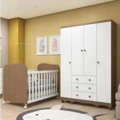 Imagem de Conjunto para Quarto de Bebê 1 Berço Americano Uli 1 Guarda Roupa Júnior Móveis Peroba Branco Brilho/Carvalho