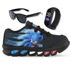 Imagem de tenis de led infantil masculino sonic preto com luzinha meninos mais relogio e oculos-Masculino