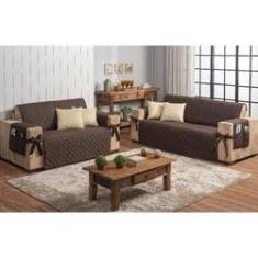 Imagem de Jogo protetor de sofá 2 e 3 lugares com laço marrom + 4 capas de almofada bege