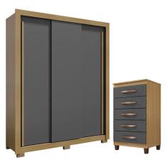 Imagem de Guarda Roupa Solteiro Nevoa Flex 3 Portas de Correr e Cômoda Cannes 5 Gavetas Carvalho Americano Grafite - Incorplac