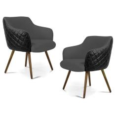 Imagem de Kit 02 Poltronas Decorativas Jade Pés Palito Madeira C-416 Corano Tressê Linho  Escuro - Domi