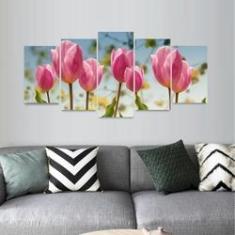 Imagem de Quadro Flor Tulipas s Mosaico 5 Peças Para Quarto Sala