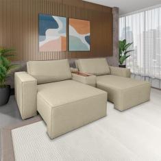 Imagem de Sofá Decorativo Automatizado Shogun 272cm Reclinável 6 Posições Retrátil c/Console Central Entrada USB Bluetooth Linho Bege Escuro G33 - Gran Belo