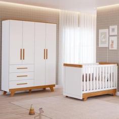 Imagem de Quarto de Bebê Completo Retro com Guarda Roupa 4 Portas 3 Gavetas e Berço Mini Cama Móveis Peroba