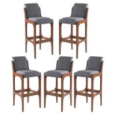 Imagem de Kit 5 Banquetas Alta Irlanda 45 x 101 Cm Madeira Maciça Imbuia Linho C